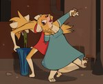 anthro bodily_fluids clothing dress drinking drunk duo missing_arm substance_intoxication thin_calves thin_legs thin_thighs vomit vomiting mrdegradation flora_flowerpot lillie_flowerpot canid canine fox mammal hi_res