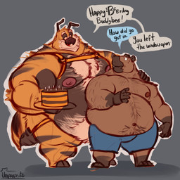 anthro areola arm_hair belly belly_hair belly_tuft biped blue_clothing blue_speech_bubble blue_underwear bodily_fluids body_hair bottomwear brown_body chest_hair chest_tuft clothed clothing dialogue duo eyebrows fur grey_background grey_speech_bubble happy_trail harness looking_at_another male male/male multicolored_body navel nipples nude nude_anthro nude_male obese obese_anthro obese_male orange_body overweight overweight_anthro overweight_male pink_nipples pupils shadow simple_background speech_bubble stripes sweat sweaty_face tail text thick_eyebrows topless tuft two_tone_body underwear white_sclera yellow_sclera uniparasite nanoff_(character) arthropod bee capybara caviid honey_bee hymenopteran insect mammal rodent 1:1 absurd_res english_text hi_res signature
