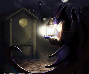 anthro biped breath_powers city cityscape clothed clothing cloud detailed_background elemental_manipulation eyes_closed fire fire_breathing fire_manipulation holding_object horn lamp lantern male membrane_(anatomy) membranous_wings moon outside side_view sky solo standing star starry_sky tail text town wings gorath mythology dragon mythological_creature mythological_scalie scalie url