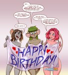 2022 anthro birthday blush blush_lines clenched_teeth convenient_censorship covering covering_self dialogue ear_piercing ear_ring ears_down english_text female fran_cervice fur green_hair group hair half-closed_eyes happy_birthday heart_symbol holding_object katie_tinson keiron_white lagomorph leporid looking_at_another looking_down mammal mouse murid murine narrowed_eyes nervous_sweat nude open_mouth piercing pink_body pink_fur pink_hair pivoted_ears rabbit ring_piercing rodent sam_rodoric signature silhouette speech_bubble standing teeth text tongue trio wide_eyed
