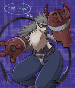 anthro arm_cannon belt bottomwear brown_body brown_fur chest_tuft clothed clothing cybernetic_arm cybernetic_limb cybernetics female fur grin machine mask pants sheriff_badge smile solo topless tuft zipper mas_square bandai_namco digimon digimon_beatbreak cyborg digimon_(species) wolvermon