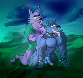 4_fingers abs anal anal_penetration anthro arms_above_head belt biceps big_muscles black_nose bottomless bracelet bulge chest_tuft claws clenched_teeth clothed clothing collar duo facial_piercing fangs fingers foreskin from_behind_position front_view fur genitals glans humanoid_genitalia humanoid_penis jewelry kneeling looking_at_viewer male male/male male_anthro male_penetrated male_penetrating male_penetrating_male muscular muscular_male navel nipples nose_piercing nose_ring nude open_clothing open_mouth open_shirt open_topwear pecs penetration penis piercing purple_body purple_fur raised_tail ring_piercing sex shirt simple_background smile spiked_bracelet spiked_collar spikes standing tail teeth toe_claws tongue tongue_out toony topwear triceps tuft vein veiny_penis glass0milk cartoon_network mythology ok_k.o.!_let's_be_heroes bernard_(ok_k.o.!_lbh) canid canine canis mammal mythological_canine mythological_creature werecanid werecanine werecreature werewolf wolf 2017 character_request digital_media_(artwork) hi_res portrait three-quarter_portrait