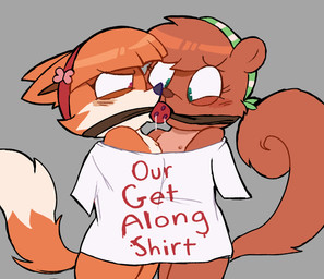 accessory angry anthro ball_gag bodily_fluids bottomless bound bound_together brown_hair clothed clothing drooling duo female female/female flat_chested forced forced_partners fur gag gagged grey_background hair hair_accessory hairband nipples orange_body orange_fur orange_hair restrained saliva shared_gag shirt shirt_only silly simple_background tail topwear topwear_only young young_anthro young_female pancakebatter get_along_shirt murphy_and_mitzi mitzi_(ajmarekart) vivian_(ajmarekart) canid canine fox mammal rodent sciurid 2025 english_description hi_res