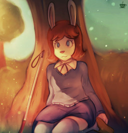 :3 anthro blind blue_bottomwear blue_clothing blue_eyes blue_skirt blue_sweater blue_topwear bottomwear brown_clothing brown_footwear brown_hair brown_shoes cane clothing disability female footwear fur hair legwear outside plant shirt shoes sitting skirt smile solo sweater thigh_highs topwear tree white_body white_cane white_clothing white_fur white_shirt white_topwear young young_anthro young_female bzeh arthur_(series) marina_datillo lagomorph leporid mammal rabbit hi_res