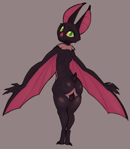 anthro backsack balls big_butt black_body butt darkened_balls darkened_genitalia genitals green_eyes grey_background looking_at_viewer looking_back looking_back_at_viewer male membrane_(anatomy) membranous_wings nude simple_background solo wings yellow_sclera trufzn bat mammal hi_res