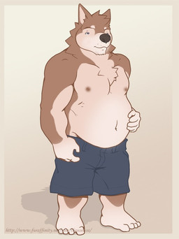 anthro belly bottomwear clothed clothing looking_at_viewer male overweight overweight_anthro overweight_male shorts solo tacoderes topless tacodebeef theuseless canid canine canis domestic_dog mammal source_request