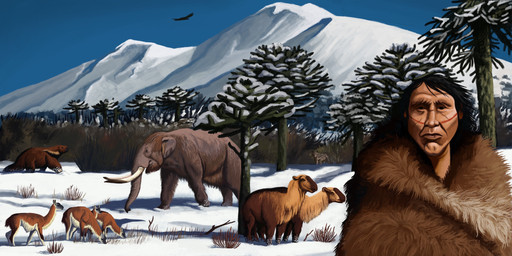 ambiguous_gender black_spots bodypaint brown_body brown_fur face_paint feral flying fur group mountain orange_body orange_fur plant proboscis_(anatomy) quadruped snow spots tan_body tan_fur tree trunk_(anatomy) tusks walking winter agustindiazart ambient_bird camelid felid guanaco human jaguar litopteran macrauchenia mammal mylodon notiomastodon pantherine 2023 2:1 absurd_res hi_res