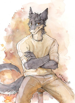 anthro arm_tuft bottomwear brown_bottomwear brown_clothing brown_eyes brown_pants cheek_tuft closed_smile clothed clothing crossed_arms ears_back facial_tuft front_view fur glistening glistening_eyes grey_body grey_fur grey_hair hair male mouth_closed neck_tuft pants pivoted_ears short_hair simple_background sitting smile solo tail tan_body tan_clothing tan_fur tan_topwear topwear tuft akatan_art mythology dragon furred_dragon furred_scalie mythological_creature mythological_scalie scalie 2023 dated hi_res portrait signature three-quarter_portrait traditional_media_(artwork)