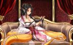 animal_humanoid apode asian_mythology black_hair breasts cleavage clothed clothing draconcopode dragon dragon_humanoid ear_fins east_asian_mythology eastern_dragon female fin furniture gold_scales hair hi_res humanoid jewelry lamia legless long_hair midnight_(artist) monster_girl_(genre) mythological_creature mythological_scalie mythology piercing red_eyes reptile scalie serpentine snake sofa solo split_form