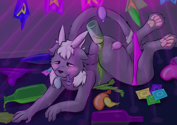 alcohol_enema ambiguous_gender anal anthro bottle bottle_in_ass condom container drunk drunk_sex enema hair horn party pawpads paws sexual_barrier_device solo substance_intoxication thick_thighs white_hair yellow_eyes mrripper338 domestic_cat felid feline felis horned_cat mammal absurd_res hi_res