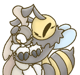 2_claws 4_arms antennae_(anatomy) anthro blush blush_lines claws duo eyes_closed female hug multi_arm multi_limb neck_tuft one_eye_closed stinger tuft wings i11ogica1 reaper_the_moth arthropod bee hymenopteran insect lepidopteran moth