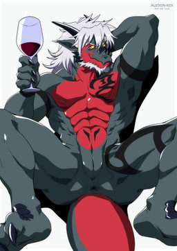 abs animal_genitalia anthro anus container cup genital_slit genitals glass glass_container glass_cup hair male muscular muscular_anthro muscular_male nipples obliques pecs solo tail tattoo white_hair withdrawn_penis yellow_eyes aledonrex mythology soren_ashe dragon mythological_creature mythological_scalie scalie hi_res