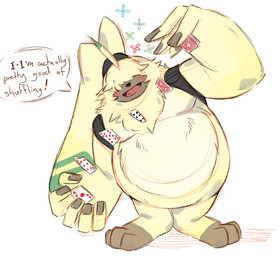 ace_of_clubs ahoge anthro belly belt blush card fur hair male nine_of_hearts overweight playing_card shuffling six_of_clubs six_of_hearts smile solo text yellow_body yellow_fur dangpa bandai_namco digimon digimon_ghost_game angoramon digimon_(species) english_text