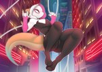 blue_markings brown_body city cityscape clothing femboy male markings solo swinging creamedpufff marvel spider-man_(series) casey_quartz spider-gwen mammal mustelid otter hi_res