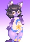 anthro black_hair curvy_figure female flat_chested fur galaxy_stars genitals hair looking_at_viewer navel nipples nude purple_body purple_fur pussy red_eyes short_tail slim solo standing tail young young_anthro young_female plushcrochet cassiopeia_zephyrine badger exadian_hybrid mammal mustelid musteline absurd_res hi_res