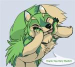 2015 ambiguous_gender animated anthro blep butt canid canine dialogue diaszoom digital_media_(artwork) english_text eyes_closed fur green_body green_fur loop low_res mammal reaction_image shaking_butt short_playtime simple_background smile solo speech_bubble tan_body tan_fur text tongue tongue_out