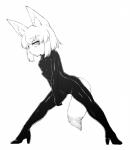 bodysuit boots breasts clothed clothing dipstick_tail female footwear hair high_heeled_boots high_heels inner_ear_fluff markings multicolored_tail shoes short_hair skinsuit solo spread_legs spreading tail tail_markings tight_clothing tuft sakifox animal_humanoid canid canid_humanoid canine canine_humanoid fox_humanoid humanoid mammal mammal_humanoid greyscale hi_res monochrome