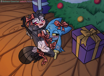 anthro bdsm bedroom_eyes black_eyes blue_body bodily_fluids bondage bound bow_ribbon christmas_tree cute_fangs duo fangs female genital_fluids genitals gift holidays leg_markings loli looking_at_viewer lying markings multicolored_body narrowed_eyes on_side plant red_sclera ribbon_bondage ribbons seductive smile socks_(marking) spread_legs spreading sweat teeth tree two_tone_body vaginal_fluids vulva white_eyes yellow_sclera young young_anthro young_female soulcentinel cartoon_network christmas hellaverse helluva_boss mao_mao:_heroes_of_pure_heart adorabat octavia_(helluva_boss) avian bat bird mammal owl owl_demon 2023 crossover hi_res
