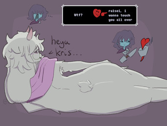 ambiguous_gender ambiguous_human anthro anthro_focus armor armpit_hair armpit_tuft big_butt blush blush_lines body_hair butt butt_focus clothed clothed_ambiguous clothed_human clothing duo eyewear fluffy glasses hair heart_symbol horn knife looking_at_viewer lying messy_hair mostly_nude nude on_side open_mouth scarf simple_background small_tail smile soul tail text text_box ramenkiu deltarune toby_fox_(copyright) undertale undertale_(series) kris_dreemurr ralsei bovid caprine darkner goat human mammal soul_(undertale) 2025 4:3 digital_media_(artwork) english_text hi_res meme shaded simple_shading nonbinary_(lore)