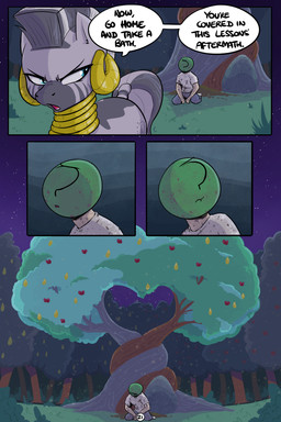 angry dialogue dirt duo ear_piercing ear_ring female feral forest heart_symbol kneeling male night outside piercing plant ring_piercing text tree shoutingisfun friendship_is_magic hasbro my_little_pony anon zecora_(mlp) equid equine human mammal zebra 2:3 comic english_text hi_res