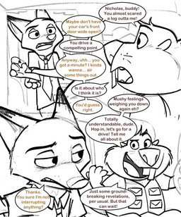 accessory anthro big_nose buckteeth car clothing dialogue female inside_car inside_vehicle male necktie pointy_ears shirt teeth text topwear vehicle vest tet_40 disney zootopia nibbles_maplestick nick_wilde beaver canid canine fox mammal red_fox rodent true_fox comic english_text hi_res monochrome