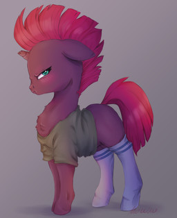 blush broken_horn chest_tuft clothing ears_down eyelashes feral frown fur grumpy hair half-closed_eyes horn legwear mohawk narrowed_eyes pink_hair pink_tail pivoted_ears purple_body purple_fur shirt solo stockings tail topwear tuft buttersprinkle friendship_is_magic hasbro my_little_pony my_little_pony:_the_movie_(2017) mythology tempest_shadow_(mlp) equid equine mammal mythological_creature mythological_equine unicorn 2020 absurd_res digital_media_(artwork) hi_res signature