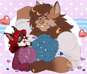 abstract_background anthro bouquet claws clothed clothing digit_ring duo eyes_closed female flower fluffy heart_symbol holding_bouquet holding_flower holding_object husband_and_wife jewelry larger_male laugh male male/female married_couple open_mouth petals plant ring romantic romantic_couple size_difference smaller_female wedding_ring ferwanwan felid mammal 2023 hi_res