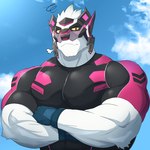 anthro big_pecs clothing cloud fur gloves handwear male pecs red_eyes shirt sky solo tight_clothing topwear visor visor_helmet white_body white_fur yellow_sclera toranoyouhei lifewonders tokyo_afterschool_summoners enigma_(tas) bear mammal polar_bear ursine 1:1 absurd_res hi_res