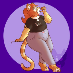 anthro barefoot biped black_clothing black_shirt black_t-shirt black_topwear bottomwear clothed clothed_anthro clothed_female clothing denim denim_bottomwear denim_clothing drinking drinking_potion eyewear feet female female_anthro fur glasses green_eyes hair heart_button jeans markings orange_hair orange_markings overweight overweight_anthro overweight_female pants potion round_glasses shirt solo spots spotted_body spotted_fur striped_markings striped_tail stripes t-shirt tail tail_markings topwear vial weight_gain yellow_body yellow_fur strawberrymilkdog felid leopard mammal pantherine 1:1 absurd_res hi_res