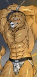 2013 abs anthro athletic biceps big_muscles biped blush bodily_fluids bound brown_body brown_fur bulge chest_tuft clothed clothing drooling felid flexing fur hair hentist hi_res jockstrap lion male mammal muscular muscular_anthro muscular_male nipples pantherine pecs pose saliva shishimaru_genjurou solo standing submissive submissive_male sweat topless tuft underwear