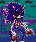 anthro blood blue_body blue_fur bodily_fluids clothing creepy demonic fur gloves glowing glowing_eyes handwear horror_(theme) male nightmare_fuel open_mouth purple_eyes sharp_teeth solo teeth creepyodd creepypasta sega sonic.exe_(creepypasta) sonic_the_hedgehog_(series) sonic.exe xenophanes eulipotyphlan hedgehog mammal absurd_res hi_res