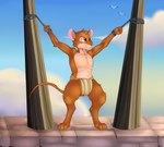 ambient_silhouette anthro arms_tied bottomwear bound brown_body brown_fur buckteeth claws clothed clothing cloud fist fur group loincloth loincloth_only looking_away male mouth_closed narrowed_eyes pink_nose raised_tail rope silhouette sky skyscape solo_focus standing tail teeth toe_claws topless whiskers jimfoxx redwall martin_the_warrior ambient_bird ambient_flier avian bird mammal mouse murid murine rodent 2022 signature