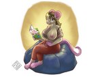 anthro areola barefoot bean_bag big_breasts blonde_hair blue_eyes book bra breasts clothing ear_piercing ear_stud eyewear feet female glasses hair long_hair nipples one_breast_out patting_lap piercing sitting smile solo underwear pebblemakes if_you_give_a_mouse_a_cookie mammal mouse murid murine rodent