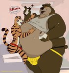anthro anthro_on_anthro bear belly belly_overhang big_belly bodily_fluids body_worship bulge cigar clothing dessert dialogue doughnut dripping drooling duo english_text feeding felid food fupa genital_fluids genitals gold_(metal) gold_jewelry hypnosis hypnotic_eyes jewelry jockstrap larger_male licking male male/male mammal mind_control navel_fetish obese obese_anthro obese_male overweight overweight_anthro overweight_male pantherine precum precum_drip precum_through_clothing ringed_eyes saliva shirt size_difference small_dom_big_sub smaller_male smoking speech_bubble sweat tank_top tcw text tiger tongue tongue_out topwear underwear weight_gain wet wet_clothing