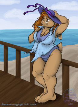 anthro beach clothing cloud detailed_background eyewear female glasses hat headgear headwear one-piece_swimsuit outside sand sea seaside sky solo swimwear toony water wind curiodraco annamarie lagomorph leporid mammal rabbit 2010