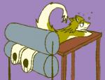 ambiguous_gender anthro bubble clothes_roller drunk drunk_bubble flattened fur furniture green_body green_fur malleable_body mammal paper_flattened sergal solo squish substance_intoxication table tail wringed yellow_body yellow_fur