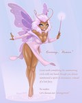 4:5 antennae_(anatomy) arthropod breasts butterfly cleavage clothed clothing dinesonx dress english_text fairy fantasy female fey footwear hair hi_res high_heels humanoid insect insect_wings lepidopteran long_sleeve_dress long_sleeves magic magic_wand pink_clothing pink_dress pink_hair seriousb shoes solo spirit summoning summoning_circle text wand wings