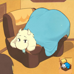 2_horns anthro bedding blanket blue_blanket bodily_fluids container cup curled_up detailed_background drinking_glass drooling eye_bags eyelashes female floppy_ears fur furniture glass glass_container glass_cup head_horn horn long_ears looking_at_viewer lop_ears mature_female saliva smile smiling_at_viewer sofa solo tired white_body white_ears white_fur white_horn wine_glass nupi deltarune undertale_(series) chairiel kris_dreemurr toriel boss_monster_(undertale) bovid caprine goat mammal hi_res