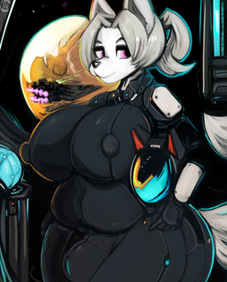anthro armor big_breasts big_butt bodysuit breasts bulge butt clothing cosmic_background detailed_background gynomorph hair headgear helmet huge_breasts huge_butt intersex looking_at_viewer nipple_outline overweight overweight_gynomorph overweight_intersex ponytail purple_eyes science_fiction skinsuit smile solo space space_background spacecraft tail tight_clothing vehicle wide_hips dirtyscoundrel starsector isthel_eisenwald canid canine canis domestic_dog mammal wolf 2025 absurd_res hi_res