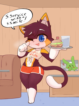 4_fingers anthro apron arm_tuft black_body blue_eyes blush bodily_fluids bottomwear bulge clothing container crop_top cup dialogue dipstick_ears dipstick_tail duo ear_markings eyebrows facial_tuft femboy fingers glistening glistening_body gloves_(marking) holding_object hotpants inner_ear_fluff leg_markings male markings multicolored_ears navel one_eye_closed open_mouth orange_body panties pink_nose red_clothing red_panties red_underwear restaurant shirt shorts shoulder_tuft socks_(marking) solo_focus spatula speech_bubble sweat sweatdrop tail tail_markings tail_tuft text thick_thighs tools topwear tuft underwear water white_body white_eyebrows defunctumbra femboy_hooters felid feline goo_creature mammal digital_media_(artwork) english_text hi_res