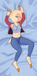 anthro bed bottomwear clothing cloven_hooves crop_top female furniture hair hooves jacket looking_at_viewer lying lying_on_bed messy_hair midriff on_bed pants shirt slight_smile topwear yoga_pants hitsuji shio_(hitsuji) alpaca camelid mammal hi_res