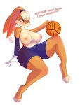 anthro areola ball basketball_(ball) big_breasts blonde_hair blush breasts clothed clothing female hair nipples simple_background solo topless white_background kairaanix looney_tunes warner_brothers lola_bunny lagomorph leporid mammal rabbit absurd_res hi_res