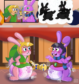 angry big_diaper black_hair blonde_hair blue_eyes blush brown_eyes buckteeth clothing curious cursed_object diaper duo emerald_(gem) floppy_ears fur gem hair hat headgear headwear holding_object magic_staff magical_mishap male mask open_mouth paws pink_body pink_fur pointy_ears poof rabbit_nose robe scarf selling shirt short_stackification shrinking size_transformation species_transformation teeth topwear transformation tunic adwdwrew24 nintendo the_legend_of_zelda link_(rabbit_form) ravio_(rabbit_form) hylian lagomorph leporid mammal rabbit hi_res