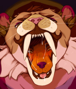 anthro big_fangs black_background bodily_fluids brown_body brown_eyes brown_fur duo fangs front_view fur in_mouth male male_anthro male_pred mouth_shot narrowed_eyes open_mouth oral_vore orange_body orange_eyes orange_fur purple_nose saliva saliva_string simple_background teeth tongue tongue_out vore whiskers white_body white_fur lionfloof canid canine felid mammal hi_res