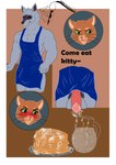 alternative_fashion anthro apron apron_only balls balls_on_table balls_rest barazoku blue_apron blue_clothing blush bodily_fluids bulge bulge_under_clothes cheek_tuft clothed clothing container cum cum_on_food cum_on_pancake cum_on_penis dialogue dominant duo ejaculation erection facial_markings facial_tuft food fur furniture fuzzy genital_fluids genitals green_eyes grey_body grey_fur head_markings head_tuft humanoid_genitalia humanoid_penis male male/male markings mask_(marking) muscular muscular_anthro muscular_male neck_tuft orange_body orange_fur pancake partially_clothed penis penis_on_table penis_resting_on_balls pitcher precum pubes red_eyes simple_background smile standing sweat sweatdrop table teeth text tuft whiskers finn_daxuika dreamworks puss_in_boots_(franchise) death_(puss_in_boots) puss_in_boots_(dreamworks) canid canine canis domestic_cat felid feline felis mammal tabby_cat wolf absurd_res hi_res signature