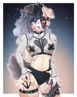 5_fingers anthro bangs black_clothing black_underwear breasts cheek_tuft choker claws clothing collarbone eyelashes facial_piercing facial_tuft female fingers fishnet_clothing fishnet_topwear floppy_ears fur hair heart_(marking) heterochromia jewelry leg_tattoo long_eyelashes long_hair looking_at_viewer markings medium_breasts multicolored_body multicolored_fur multicolored_hair navel necklace nipple_tape nose_piercing nose_ring pasties piercing ring_piercing skindentation smile solo tail tape tattoo teeth topwear tuft underwear cepto_(artist) canid canine mammal 2023 colored digital_drawing_(artwork) digital_media_(artwork) hi_res shaded