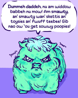 ambiguous_feral ambiguous_gender angry baby_talk blue_hair dialogue feral front_view frown fur hair hooves monotone_body monotone_fur simple_background sound_effects speech_bubble standing tail teal_body teal_eyes teal_fur teal_hooves teal_tail text young young_ambiguous young_feral an0n_g1rl fluffy_pony fluffy_pony_(species) mammal 2025 digital_media_(artwork) english_description english_text hi_res shaded