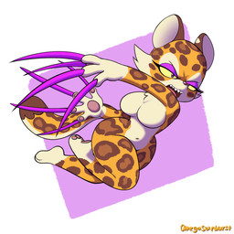 4_fingers anthro barefoot breasts chest_tuft claws countershading eyebrows eyelashes eyeshadow featureless_breasts feet female fingers fur makeup navel open_mouth pawpads purple_claws purple_eyes purple_eyeshadow sharp_teeth solo teeth thick_thighs toes tuft wide_hips yellow_sclera omegasunburst kirby_(series) kirby_and_the_forgotten_land nintendo clawroline felid leopard mammal pantherine 1:1 2022 hi_res