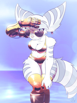 anthro arm_tuft big_breasts bikini blue_eyes boots breasts clothing collarbone cybernetic_arm cybernetic_limb ear_piercing ear_ring eyelashes eyewear female footwear fur glistening gold_bikini hand_on_knee hand_on_leg head_tuft leaning leaning_forward legwear looking_at_viewer piercing ring_piercing seaside shoes shoulder_tuft smile solo striped_body striped_fur stripes sunglasses swimwear thick_thighs thigh_gap thigh_highs tuft two-piece_swimsuit wearing_sunglasses white_body white_fur wide_hips gluepaw golden_week ratchet_and_clank sony_corporation sony_interactive_entertainment rivet_(ratchet_and_clank) lombax mammal 2026 3:4 hi_res
