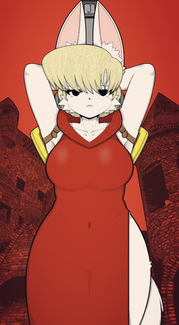 anthro black_eyes blonde_hair castle clothing ear_fur female fur hair hands_behind_head kemono open_mouth red_clothing shoulder_armor solo tail weapon white_body white_fur kemonoyao canid canine fox human mammal digital_media_(artwork) hi_res